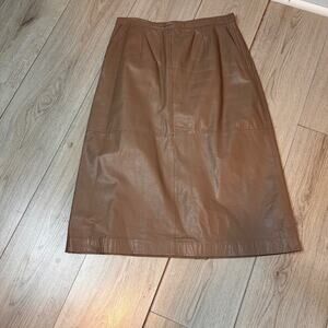 Vintage Pia Rucci Leather Pencil Straight Skirt Kick Pleat Brown  Dark Academia